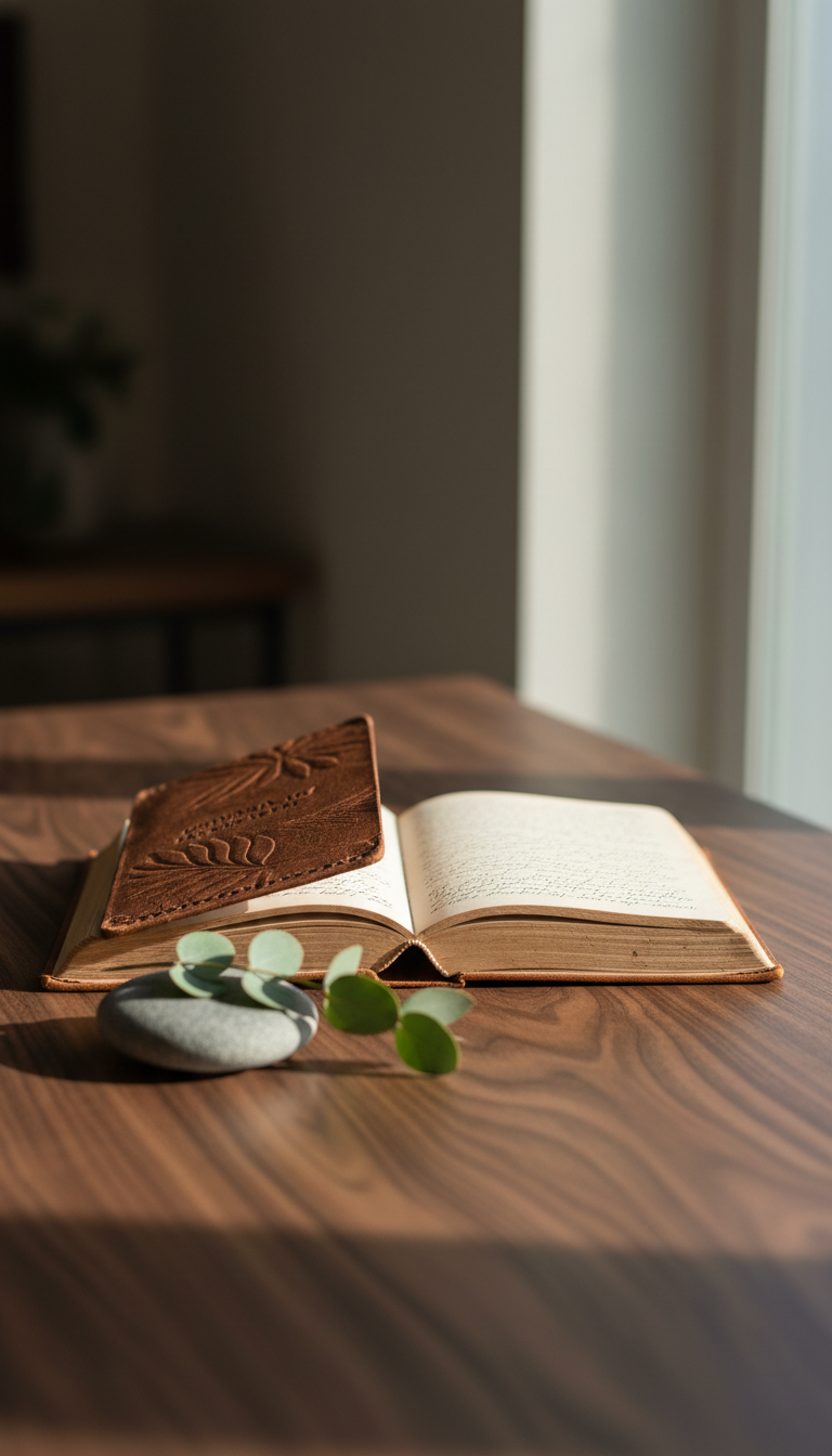 A vintage leather-bound journal with subtle embossing and slightly worn corners lies open on an elegantly grained walnut table. Around it, minimalist decorative elements—a single river stone and a sprig of fresh eucalyptus—suggest a tranquil atmosphere. Soft morning light filters in from a frosted window, creating delicate highlights on the journal’s textured surface and gentle shadows on the table. The mood is contemplative and refined, encouraging quiet reflection. Shot at a slightly elevated angle with a centered composition, the image features a shallow depth of field and muted color palette. The overall aesthetic aligns with photographic realism and minimalist elegance, perfectly encapsulating the site’s invitation to personal spiritual revelation.